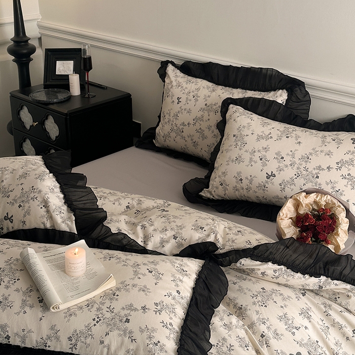 91家纺网 家纺一手货源 找家纺 蓝邻家纺 2025年新款全棉法式复古真丝绉花边四件套系列 忘忧