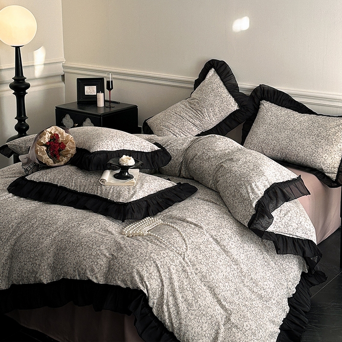 91家纺网 家纺一手货源 找家纺 （总）蓝邻家纺 2025年新款全棉法式复古真丝绉花边四件套系列