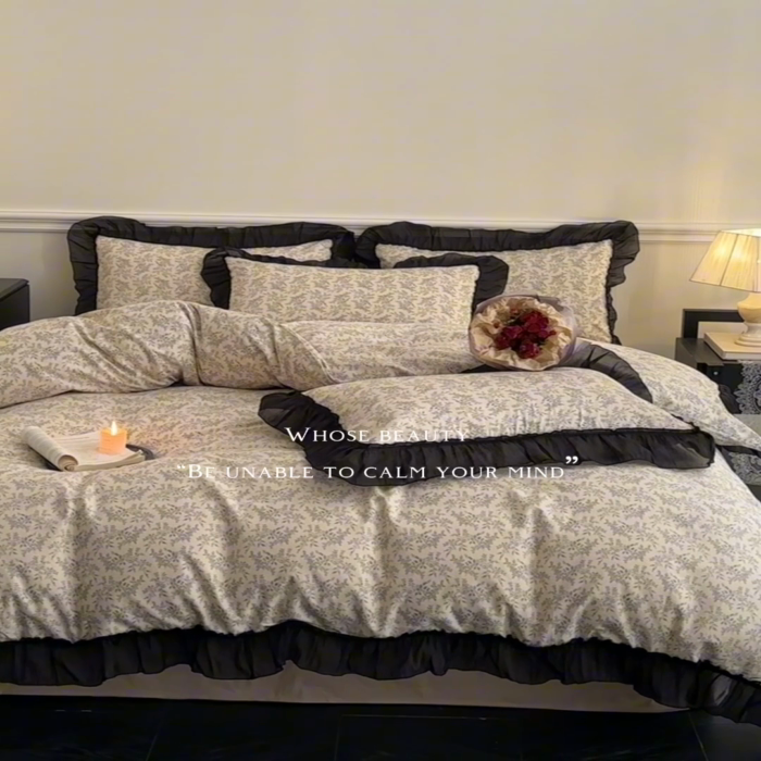 91家纺网 家纺一手货源 找家纺 蓝邻家纺 2025年新款全棉法式复古真丝绉花边四件套系列 瑞莎-灰