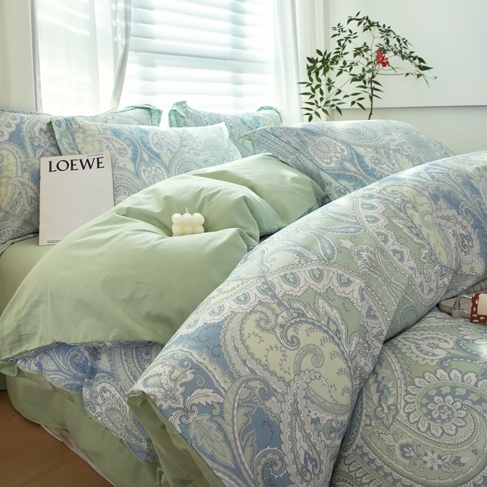 91家纺网 家纺一手货源 找家纺 启航家居 2025春夏全棉铂金棉数码印花四件套 凝远绿