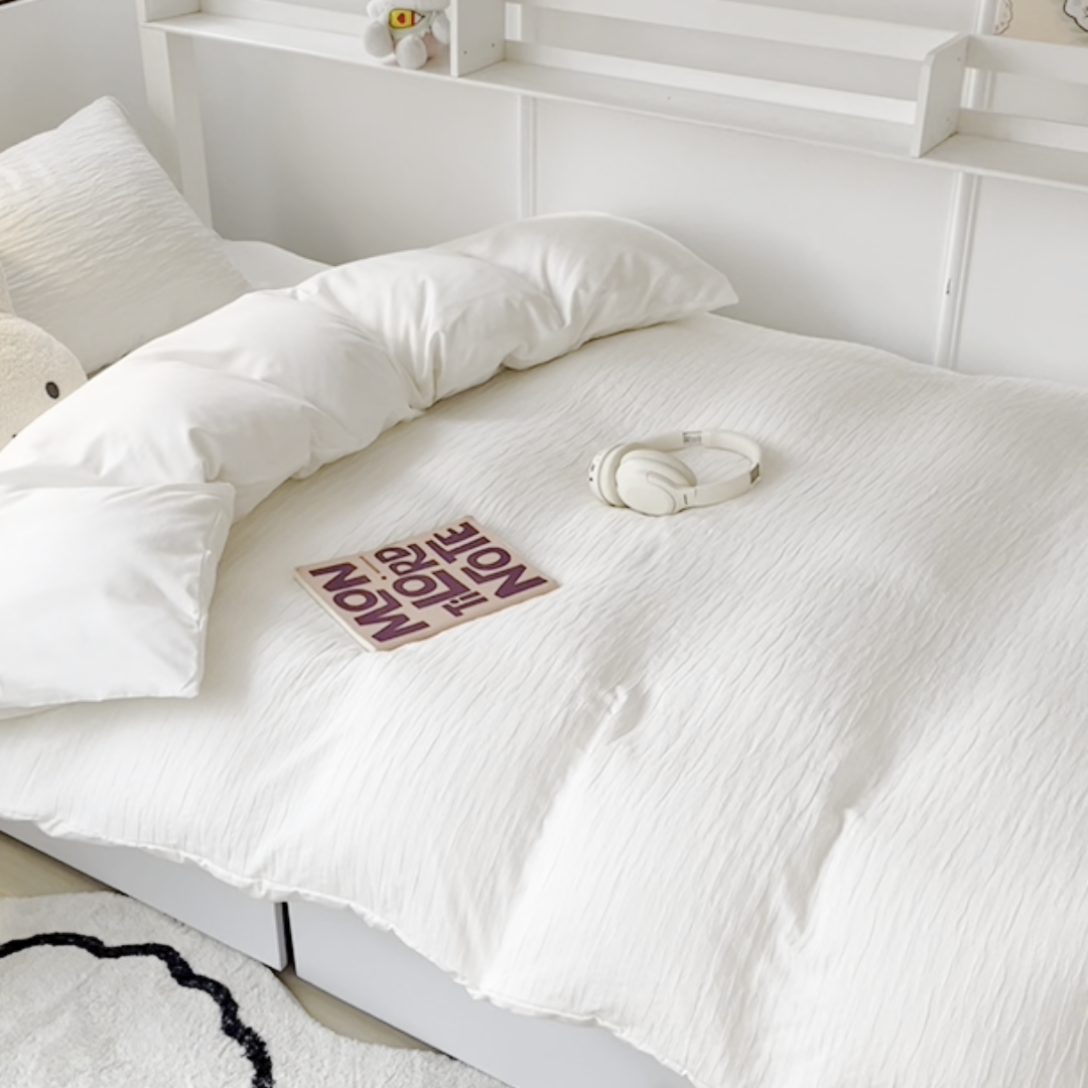 91家纺网 家纺一手货源 找家纺 悦织湾2025新款水洗棉泡泡纱系列三件套学生宿舍单人三件套轻奢时尚床上用品四件套 泡泡纱-奶白