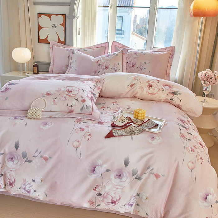 91家纺网 家纺一手货源 找家纺 启航家居 2025春夏全棉铂金棉数码印花四件套 花叶轻慢粉