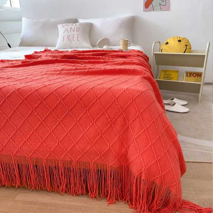 91家纺网 家纺一手货源 找家纺 朴尔家纺-毛巾被 2025新款菱形格条纹流苏手工针织毯 大红色