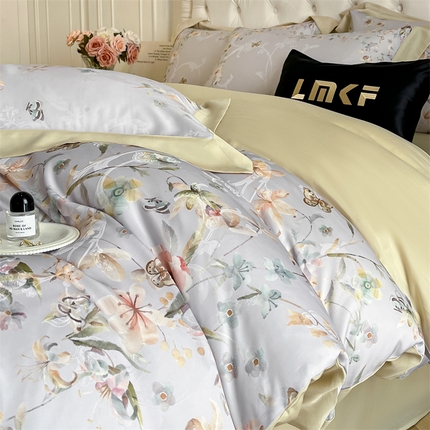 蓝米卡夫 2025新品-60S天丝大提花+数码印花拼角宽边四件套（礼盒包装） 春之语-米