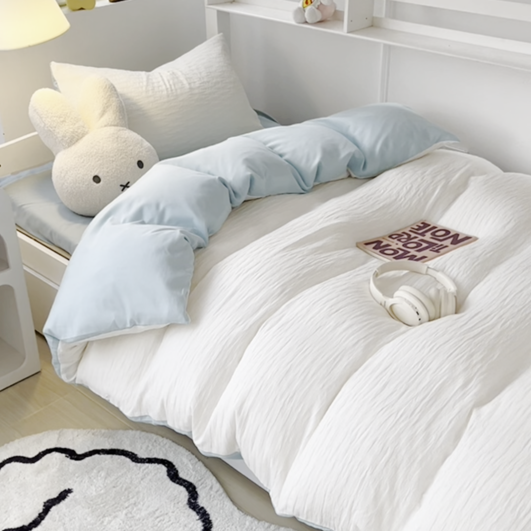 91家纺网 家纺一手货源 找家纺 悦织湾2025新款水洗棉泡泡纱系列三件套学生宿舍单人三件套轻奢时尚床上用品四件套 泡泡纱-奶白+水绿