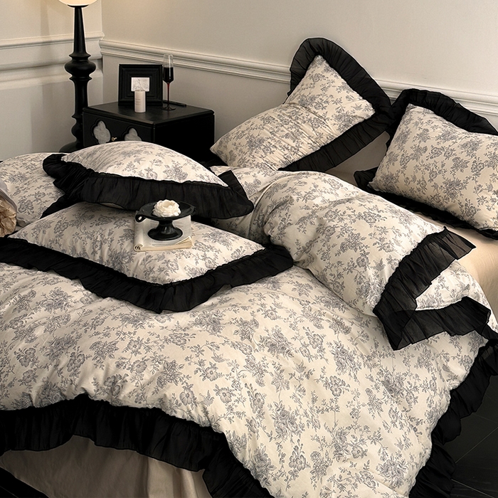 91家纺网 家纺一手货源 找家纺 蓝邻家纺 2025年新款全棉法式复古真丝绉花边四件套系列 洛莉