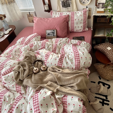 91家纺网 家纺一手货源 找家纺 原素 2025新款中古风混搭水洗棉双层纱四件套 樱花丝带