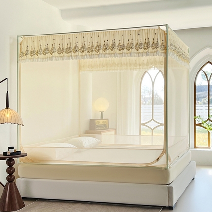 91家纺网 家纺一手货源 找家纺 伊而梦蚊帐 2025新款908款U型门蕾丝三开门坐床蚊帐 908  秋桂黄-经典铁艺支架