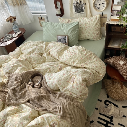 91家纺网 家纺一手货源 找家纺 原素 2025新款中古风混搭水洗棉双层纱四件套 秘密花园