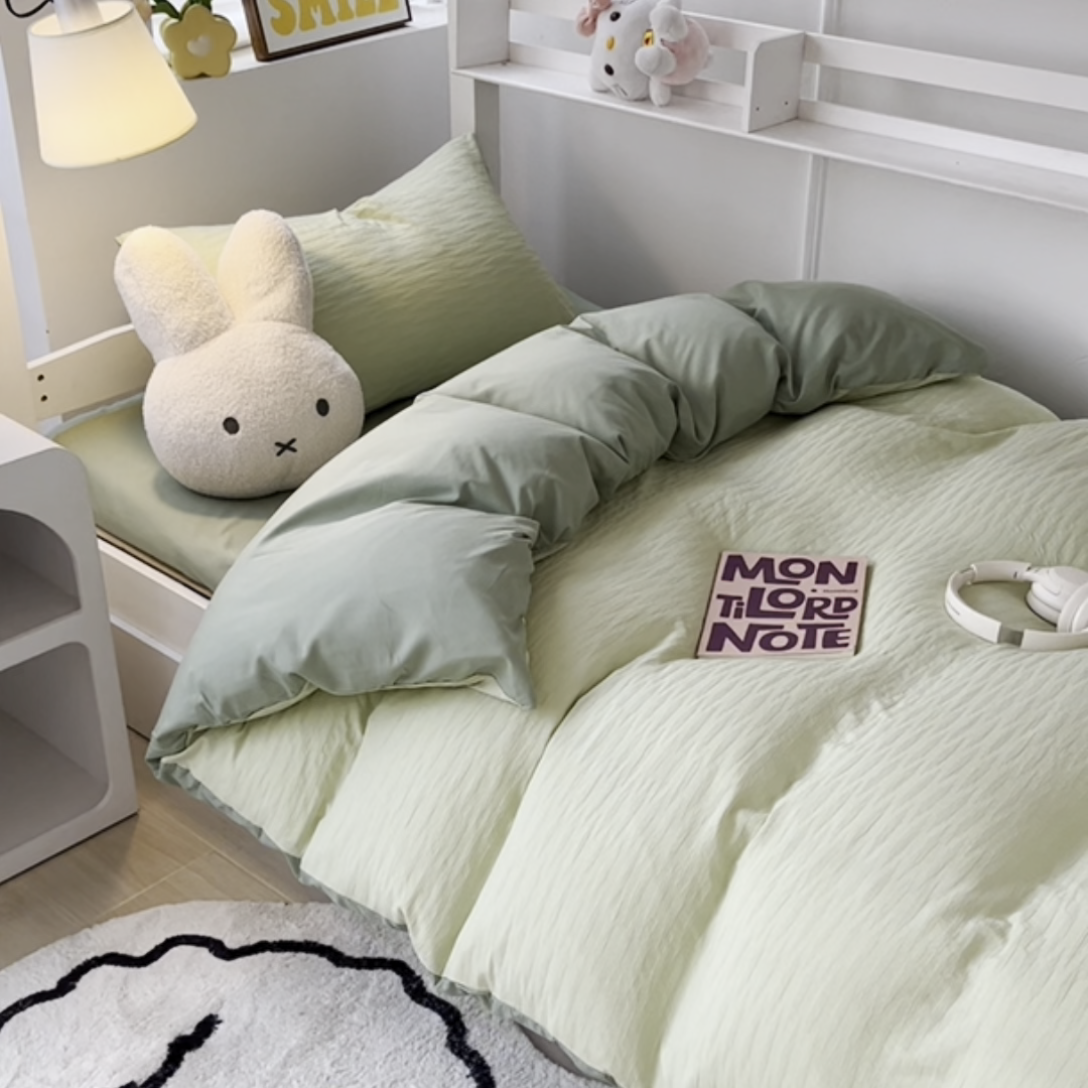 91家纺网 家纺一手货源 找家纺 悦织湾2025新款水洗棉泡泡纱系列三件套学生宿舍单人三件套轻奢时尚床上用品四件套 泡泡纱-牛油果绿+浅绿