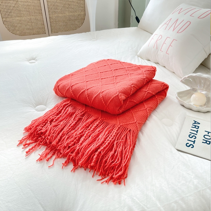 91家纺网 家纺一手货源 找家纺 朴尔家纺-毛巾被 2025新款菱形格条纹流苏手工针织毯 大红色