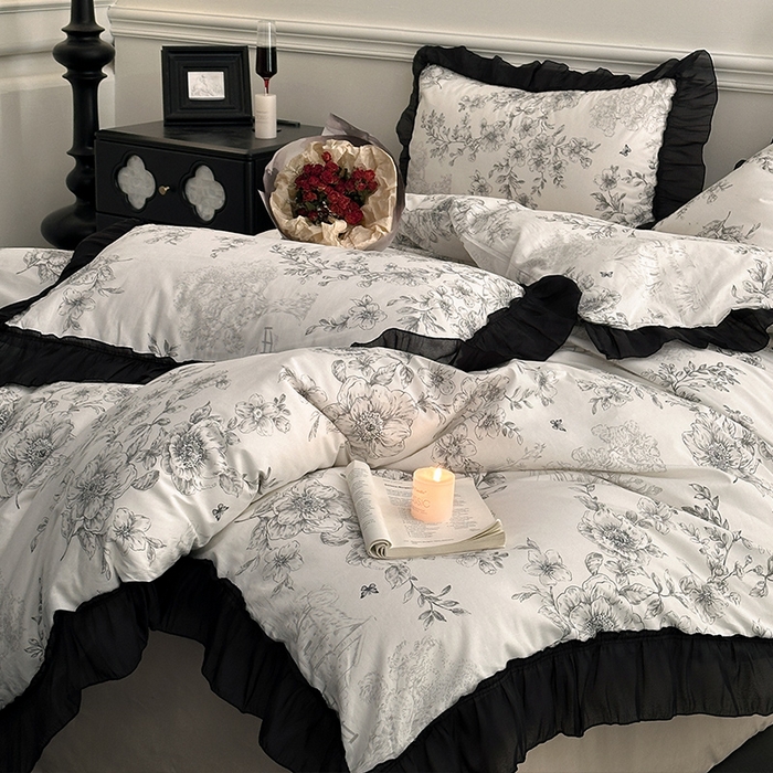 91家纺网 家纺一手货源 找家纺 蓝邻家纺 2025年新款全棉法式复古真丝绉花边四件套系列 加州风情