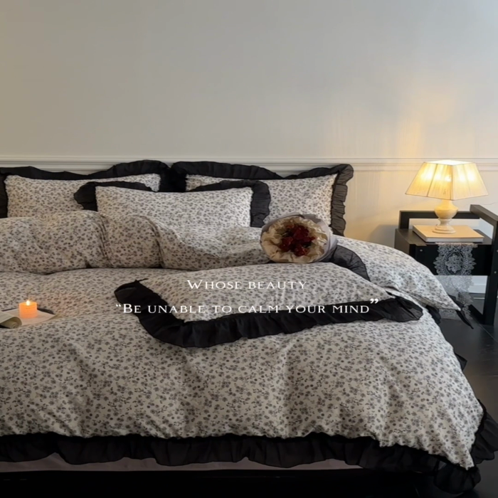 91家纺网 家纺一手货源 找家纺 蓝邻家纺 2025年新款全棉法式复古真丝绉花边四件套系列 牧野繁花