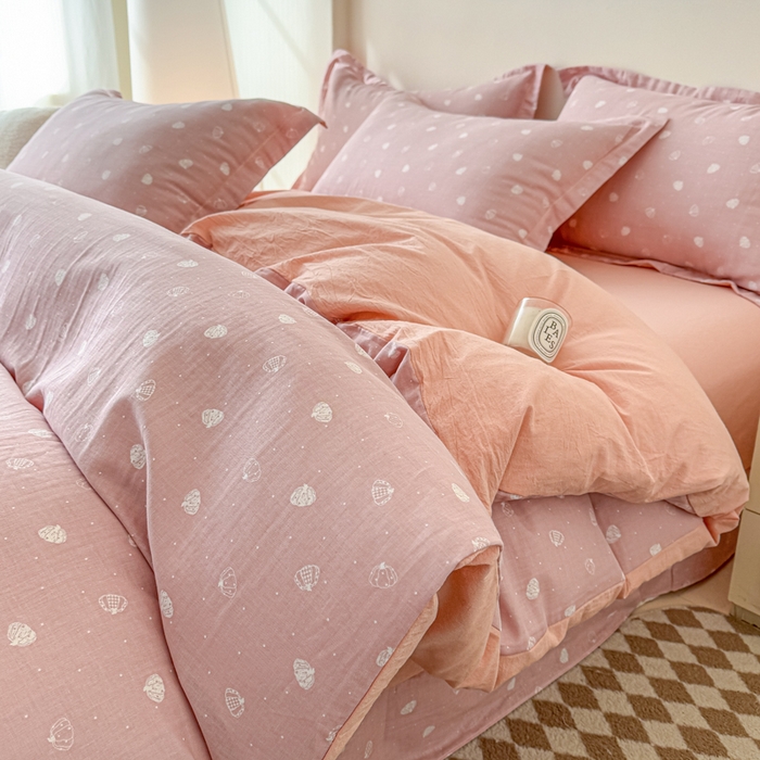 91家纺网 家纺一手货源 找家纺 喜四方 2025新款全棉A类母婴级抗菌全棉双层纱四件套 南瓜点点-粉