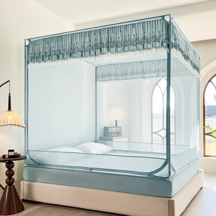 伊而梦蚊帐 2025新款908款U型门蕾丝三开门坐床蚊帐 908  碧水蓝-经典铁艺支架