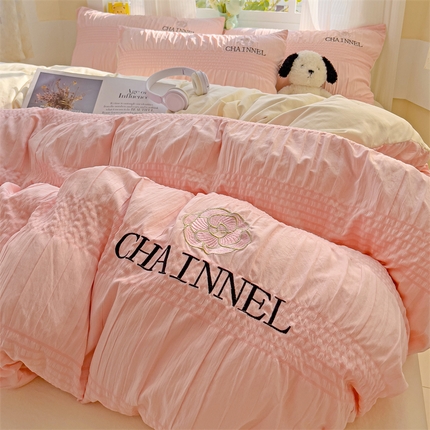 灰鲸 2025新款泡泡纱系列南笙刺绣四件套 泡泡纱南笙-樱花粉+奶油黄