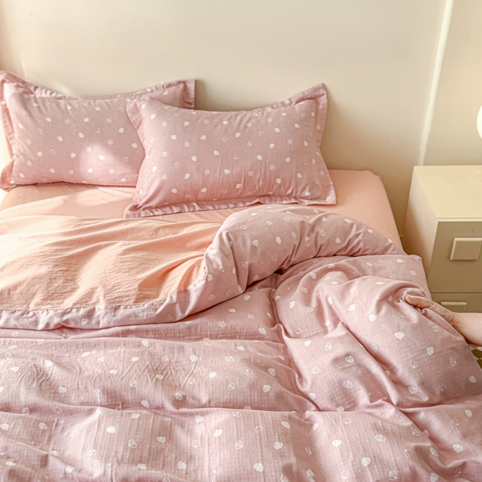 91家纺网 家纺一手货源 找家纺 喜四方 2025新款全棉A类母婴级抗菌全棉双层纱四件套 南瓜点点-粉