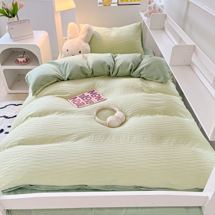 悦织湾2025新款水洗棉泡泡纱系列三件套学生宿舍单人三件套轻奢时尚床上用品四件套 泡泡纱-牛油果绿+浅绿