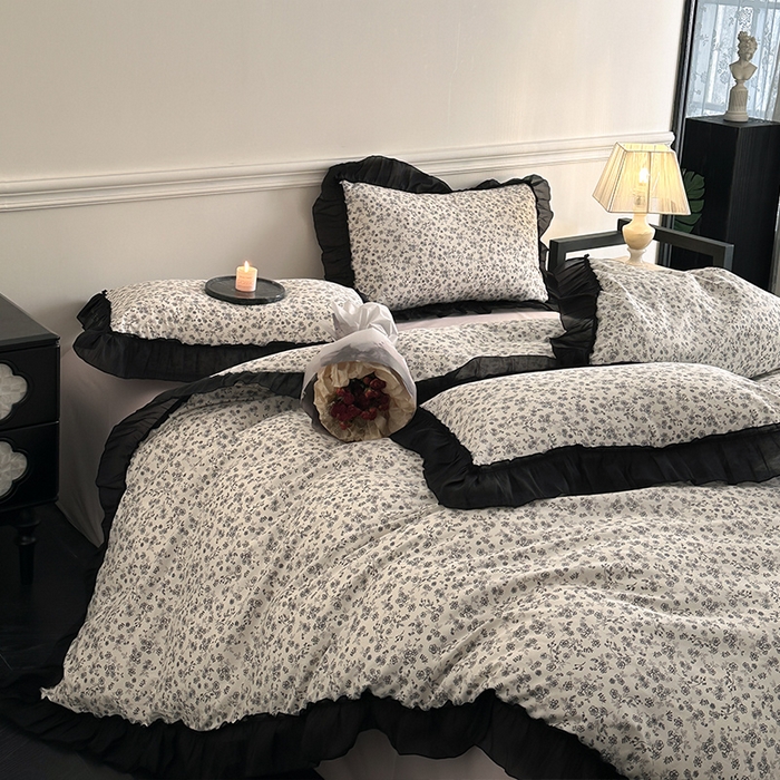 91家纺网 家纺一手货源 找家纺 蓝邻家纺 2025年新款全棉法式复古真丝绉花边四件套系列 牧野繁花