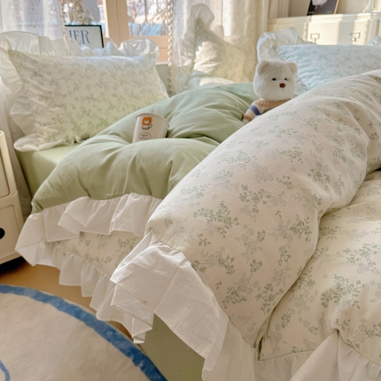 2025春夏新款全棉纯棉碎花花边13372四件套 春风里绿