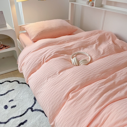 悦织湾2025新款水洗棉泡泡纱系列三件套学生宿舍单人三件套轻奢时尚床上用品四件套 泡泡纱-纯粉
