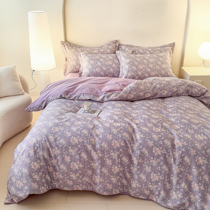 91家纺网 家纺一手货源 找家纺 喜四方 2025新款全棉A类母婴级抗菌全棉双层纱四件套 玛德琳娜-紫