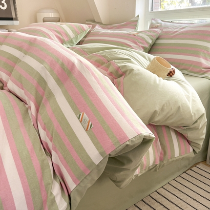 蓝米卡夫 2025新品-无印风全棉色织水洗棉四件套 七彩-粉芋