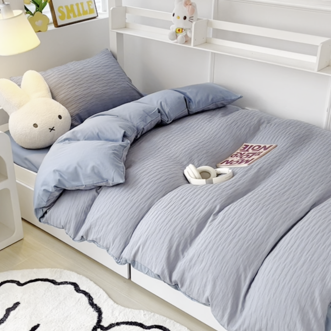 91家纺网 家纺一手货源 找家纺 悦织湾2025新款水洗棉泡泡纱系列三件套学生宿舍单人三件套轻奢时尚床上用品四件套 泡泡纱-海天蓝