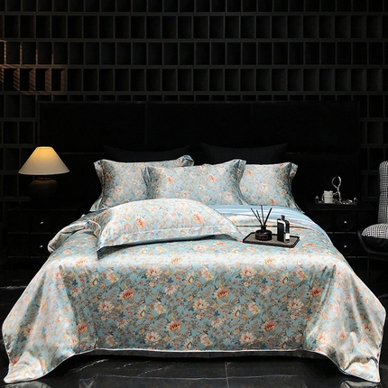 91家纺网 家纺一手货源 找家纺 黄鹂鸟 2025新款高端轻奢丝滑裸睡丝绸数码印花水洗真丝天丝四件套系列 -风格三 小碎花-蓝