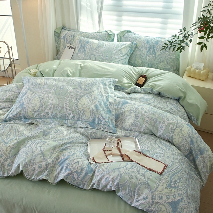 91家纺网 家纺一手货源 找家纺 启航家居 2025春夏全棉铂金棉数码印花四件套 凝远绿