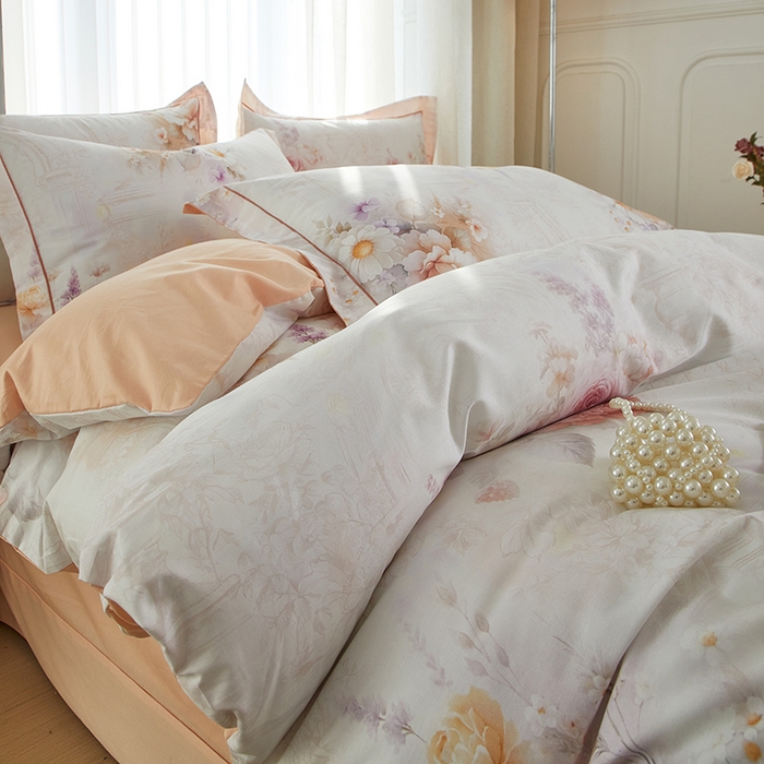 91家纺网 家纺一手货源 找家纺 启航家居 2025春夏全棉铂金棉数码印花四件套 花胭晚桥粉