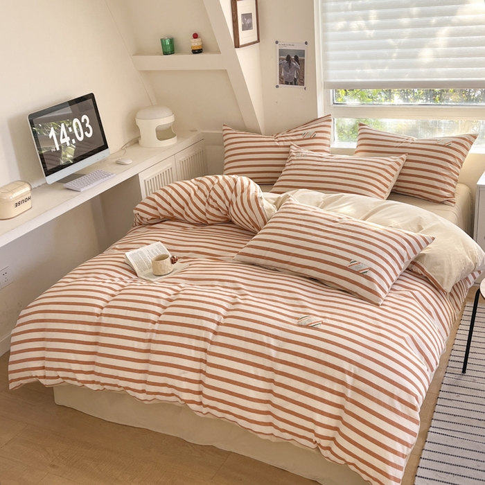 91家纺网 家纺一手货源 找家纺 蓝米卡夫 2025新品-无印风全棉色织水洗棉四件套 七彩-彩咖