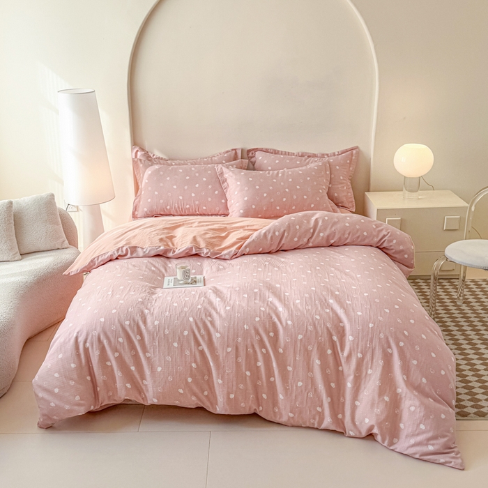 91家纺网 家纺一手货源 找家纺 喜四方 2025新款全棉A类母婴级抗菌全棉双层纱四件套 南瓜点点-粉