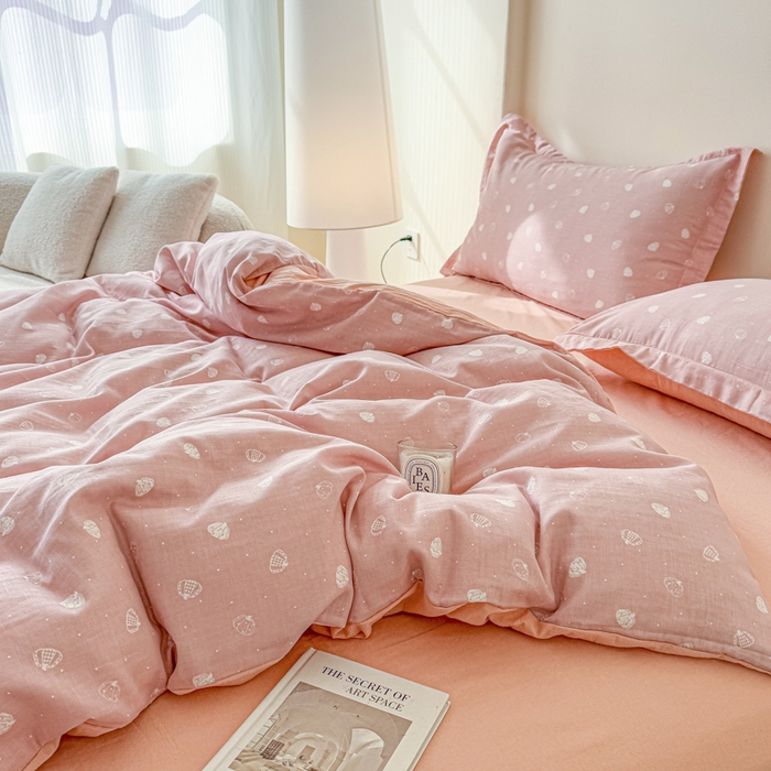 91家纺网 家纺一手货源 找家纺 喜四方 2025新款全棉A类母婴级抗菌全棉双层纱四件套 南瓜点点-粉