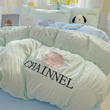灰鲸 2025新款泡泡纱系列南笙刺绣四件套 泡泡纱南笙-薄荷绿+天空蓝