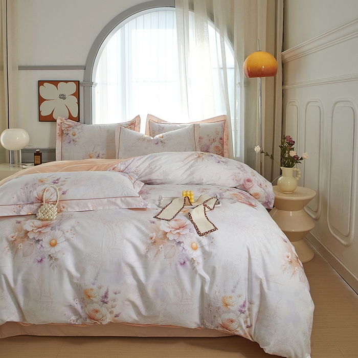 91家纺网 家纺一手货源 找家纺 启航家居 2025春夏全棉铂金棉数码印花四件套 花胭晚桥粉