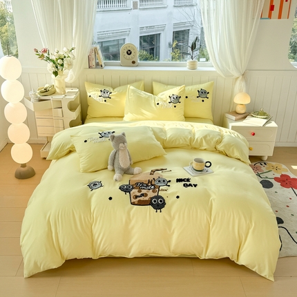 91家纺网 家纺一手货源 找家纺 （总）悦织湾 2025新款奶茶毛巾绣四件套水洗棉三件套学生宿舍单人双人床上用品4件套被套