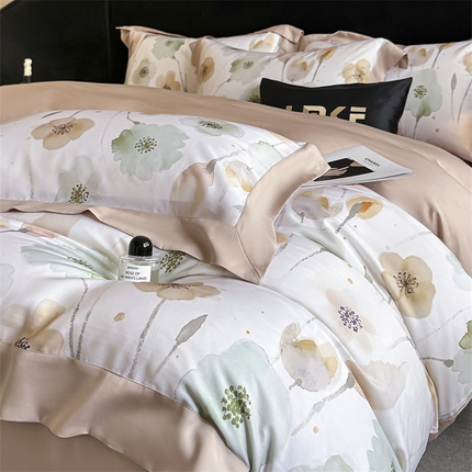 91家纺网 家纺一手货源 找家纺 蓝米卡夫 2025新品-50支天丝莱赛尔数码印花夏被+四件套（礼盒包装） 花仙子