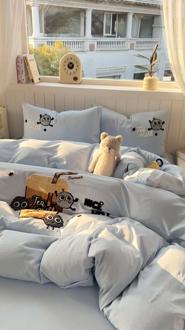 91家纺网 家纺一手货源 找家纺 （总）悦织湾 2025新款奶茶毛巾绣四件套水洗棉三件套学生宿舍单人双人床上用品4件套被套