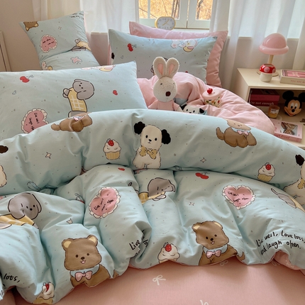 91家纺网 家纺一手货源 找家纺 桃喜 2025新款春夏全棉卡通系列13372四件套 音乐狗