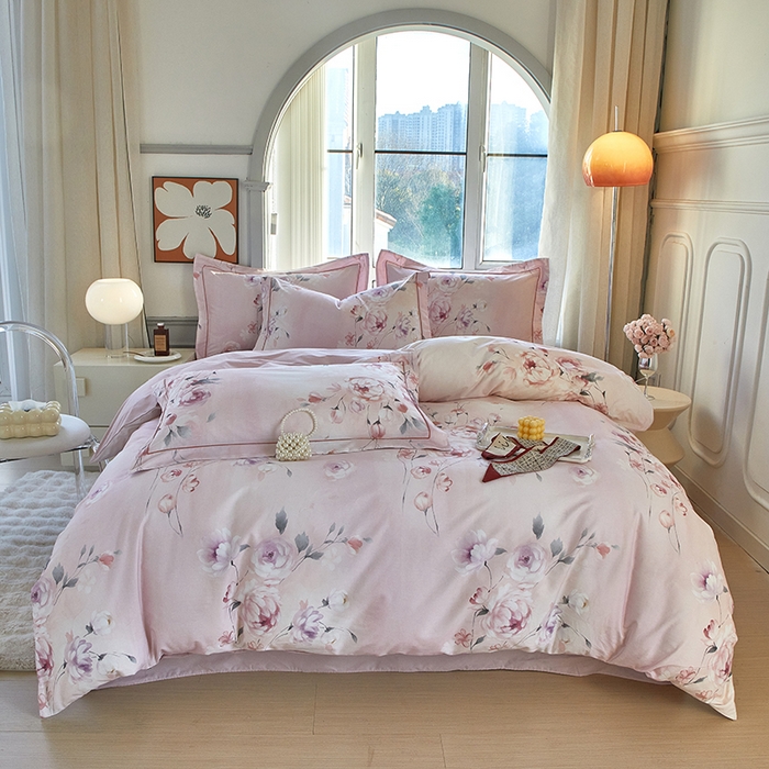 91家纺网 家纺一手货源 找家纺 启航家居 2025春夏全棉铂金棉数码印花四件套 花叶轻慢粉