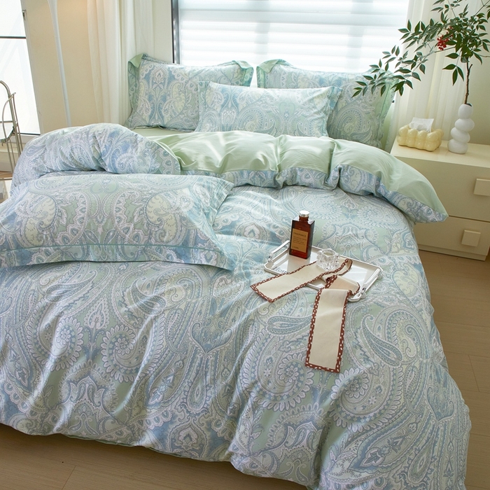 91家纺网 家纺一手货源 找家纺 启航家居 2025春夏全棉铂金棉数码印花四件套 凝远绿