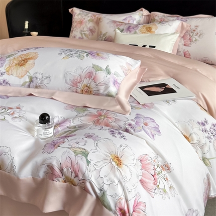 91家纺网 家纺一手货源 找家纺 蓝米卡夫 2025新品-50支天丝莱赛尔数码印花夏被+四件套（礼盒包装） 雅致-米