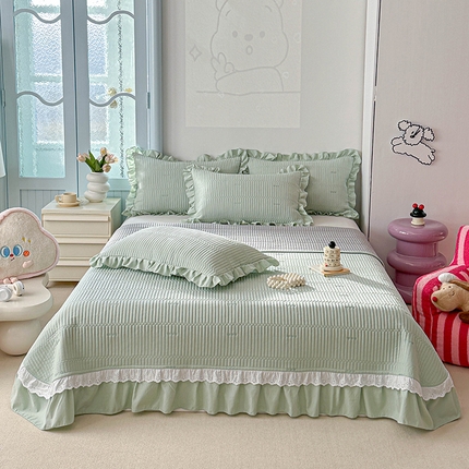 91家纺网 家纺一手货源 找家纺 栩裕纺织 2025新款斜纹床盖三件套-爱心 爱心-绿色