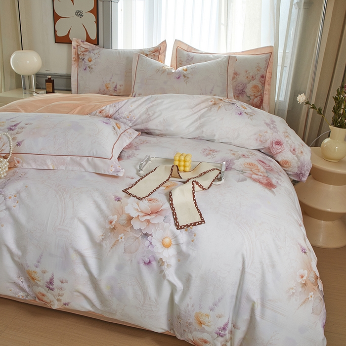 91家纺网 家纺一手货源 找家纺 启航家居 2025春夏全棉铂金棉数码印花四件套 花胭晚桥粉