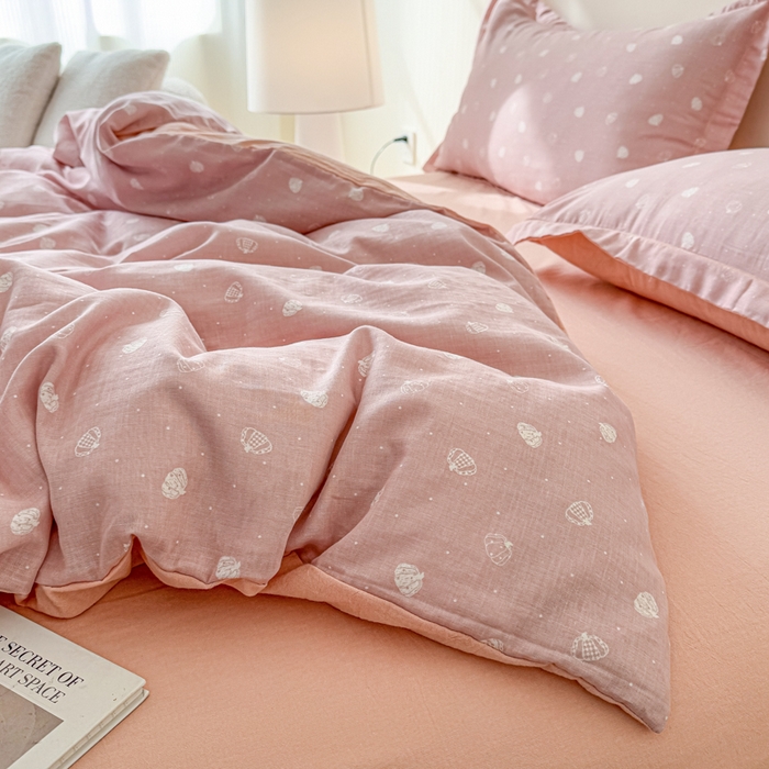 91家纺网 家纺一手货源 找家纺 喜四方 2025新款全棉A类母婴级抗菌全棉双层纱四件套 南瓜点点-粉