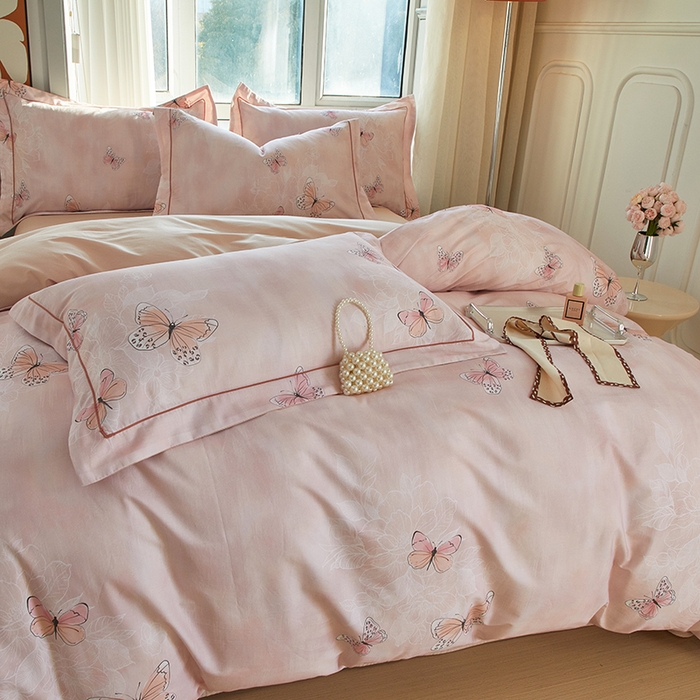 91家纺网 家纺一手货源 找家纺 启航家居 2025春夏全棉铂金棉数码印花四件套 浅梦粉