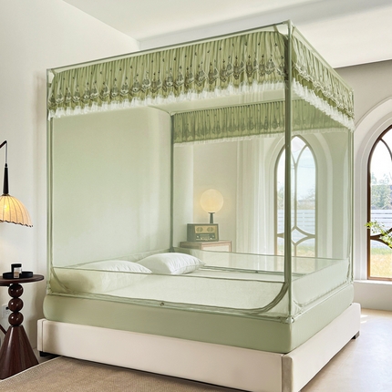 伊而梦蚊帐 2025新款908款U型门蕾丝三开门坐床蚊帐 908  嫩芽绿-经典铁艺支架