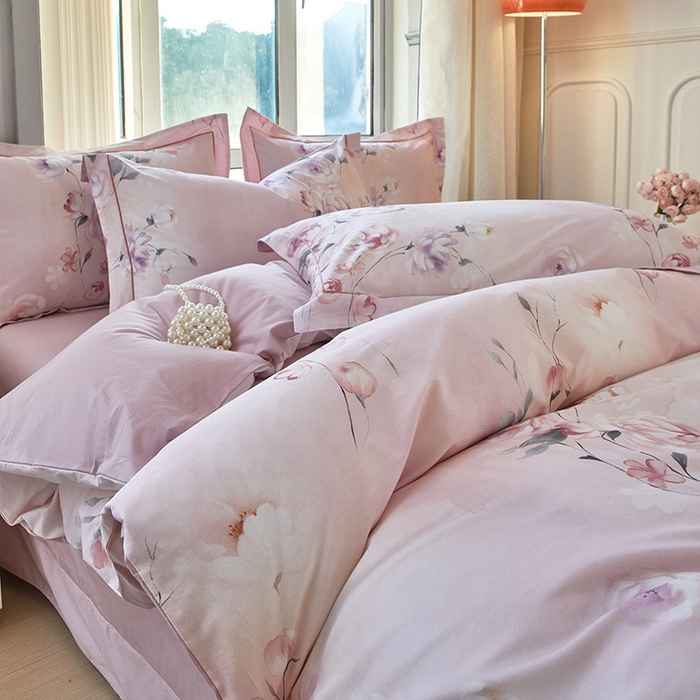 91家纺网 家纺一手货源 找家纺 启航家居 2025春夏全棉铂金棉数码印花四件套 花叶轻慢粉