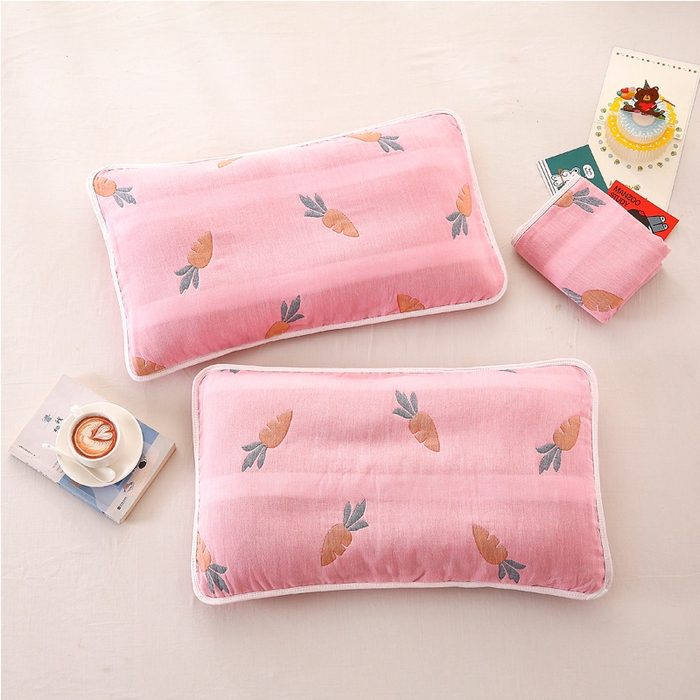 91家纺网 家纺一手货源 找家纺 朴尔家纺-毛巾被 2025新款A类全棉卡通六层纱布儿童枕套 多彩胡萝卜粉